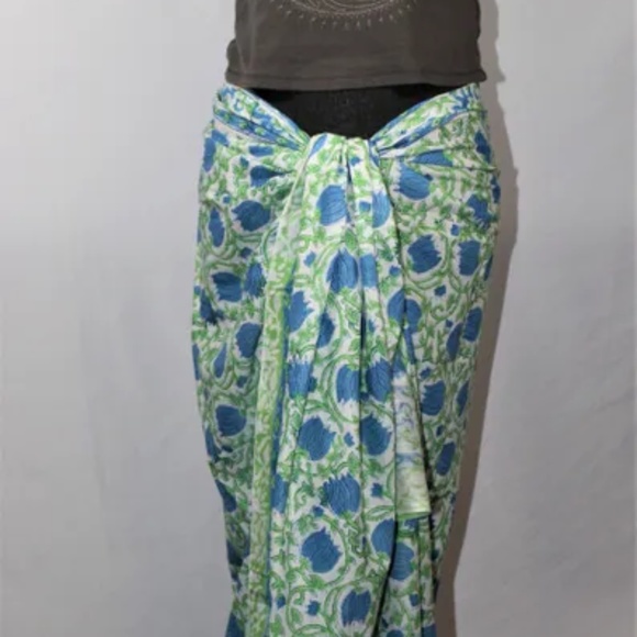 Versatile Floral India Print Cotton Fabric, 45 x 79 Inches, Green, Blue, White - Picture 3 of 5